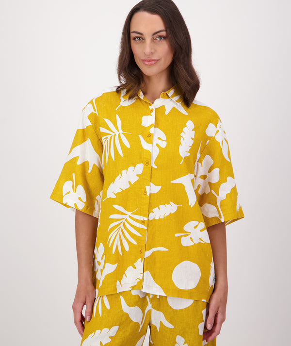 Women's Leafage Linen Short Sleeve Shirt