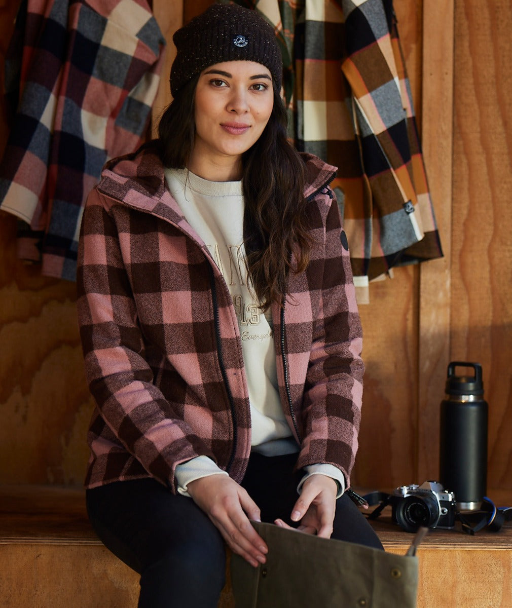 Women's Seattle V2 Wool Hoodie in Rose/Coffee Check